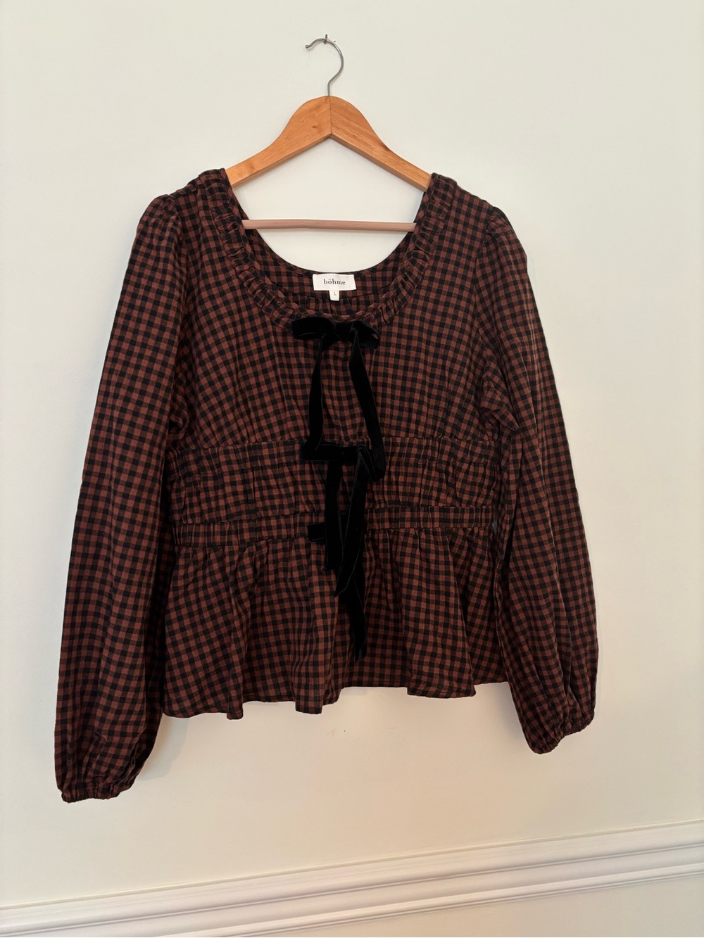 Brown Plaid Peasant Blouse with Velvet Ties